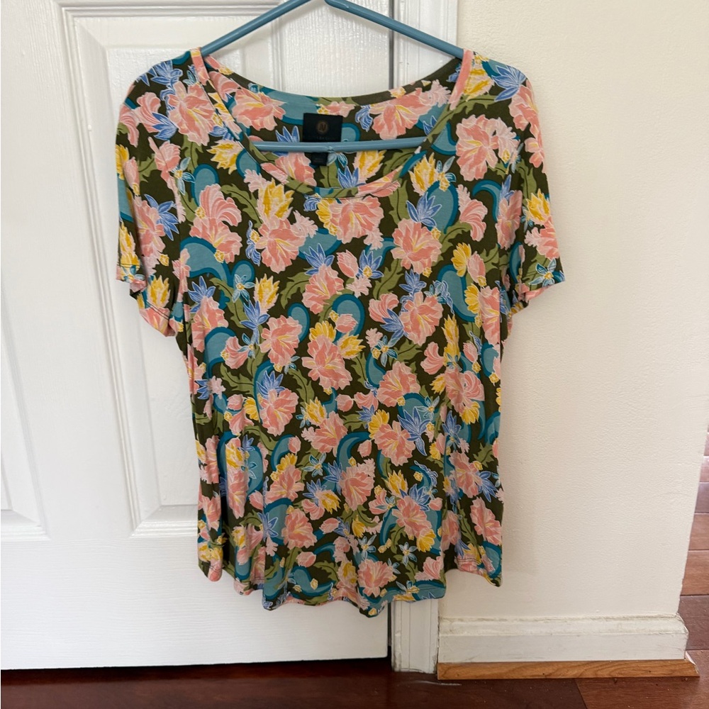 JM Collection Olive Short-Sleeve Scoop Neck Top with Pink and Blue Floral Print
